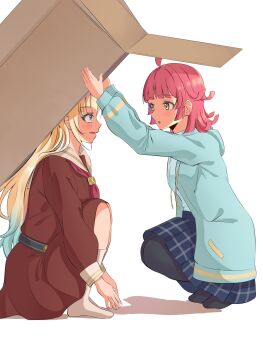 2girls ahoge black_pantyhose blonde_hair blue_hair blue_jacket blue_skirt blunt_bangs box brown_dress commentary dress eye_contact full_body gradient_hair hasu_no_sora_school_uniform highres holding holding_box hood hood_down in-franchise_crossover jacket kishimen_hair knees_up link!_like!_love_live! long_hair long_sleeves looking_at_another love_live! love_live!_nijigasaki_high_school_idol_club medium_dress medium_skirt multicolored_hair multiple_girls neckerchief nijigasaki_school_uniform no_shoes open_box open_clothes open_jacket osawa_rurino pantyhose parted_lips pink_hair pleated_dress pleated_skirt profile red_neckerchief sailor_collar sailor_dress school_uniform simple_background sitting skirt socks squatting summer_uniform sweatdrop tennoji_rina very_long_hair virtual_youtuber white_background white_sailor_collar white_socks winter_uniform yellow_eyes zaurusu_dan