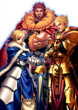 00s 1girl absurdres ahoge armor artoria_pendragon_(fate) avalon_(fate) beard blonde_hair blue_eyes cape earrings excalibur_(fate/stay_night) facial_hair fate/stay_night fate/zero fate_(series) gauntlets gilgamesh_(fate) highres huge_filesize iskandar_(fate) itou_ben jewelry king multiple_boys planted planted_sword planted_weapon red_eyes red_hair saber_(fate) sheath sheathed short_hair sword third-party_edit type-moon weapon