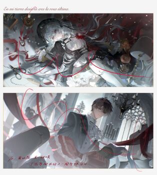 1boy 1girl absurdres black_headdress black_ribbon border brown_hair carrying chandelier closed_mouth doll_joints eyelashes grey_eyes hair_between_eyes headdress highres joints juliet_sleeves long_hair long_sleeves lying on_back original parted_lips princess_carry puffy_sleeves red_eyes ribbon scissors short_hair shuikan_daowo_jiamao_le stuffed_animal stuffed_toy teddy_bear tile_floor tiles white_border white_hair