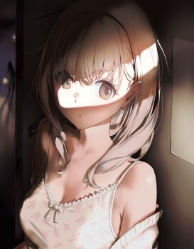 Rule 34 | 1girl, breasts, camisole, cleavage, closed mouth, collarbone, commentary request, grey eyes, grey hair, highres, hyakusyo69, indoors, looking at viewer, make heroine ga oo sugiru!, medium breasts, medium hair, off shoulder, shiratama riko, solo, upper body, white camisole