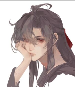 1boy ahoge androgynous bishounen black_hair black_hanfu brown_hair chinese_clothes closed_mouth eyelashes hair_between_eyes hair_down hair_ribbon half_updo hand_on_own_cheek hand_on_own_face hanfu head_rest huashengdoufu long_hair looking_at_viewer male_focus modao_zushi official_alternate_hairstyle one_eye_closed portrait red_eyes red_ribbon ribbon sidelocks simple_background solo wei_wuxian wei_wuxian_(yiling_laozu) white_background