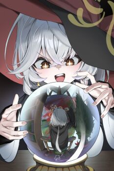 Rule 34 | + +, 1girl, 966 kururu 966, :d, absurdres, arm up, black background, black hat, black jacket, blue archive, blush, bookshelf, bow, bowtie, braid, breasts, bush, canvas (object), commentary request, crossed bangs, earrings, eri (blue archive), excited, fisheye, from behind, gold earrings, hair between eyes, halo, hat, hat ribbon, highres, jacket, jewelry, large breasts, long hair, low-tied long hair, low ponytail, multiple views, on stool, open mouth, paintbrush, painting (action), plant, ponytail, red bow, red bowtie, red ribbon, ribbon, shirt, side braid, sidelocks, simple background, sitting, smile, stool, table, turtleneck, unworn hat, unworn headwear, v-shaped eyebrows, very long hair, white hair, white shirt, wide sleeves, yellow eyes, yellow halo