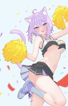 1girl :d absurdres ahoge alternate_costume animal_ear_fluff animal_ears black_skirt blush breasts cat_ears cat_girl cat_tail cheerleader fang foot_out_of_frame from_side highres hololive kneehighs looking_at_viewer medium_breasts miniskirt navel nekomata_okayu open_mouth outline pom_pom_(cheerleading) purple_eyes purple_hair purple_shoes revealing_clothes shoes short_hair sidelocks skin_fang skirt smile socks solo standing standing_on_one_leg stomach tail tank_top underboob virtual_youtuber warg_game white_outline white_socks white_tank_top