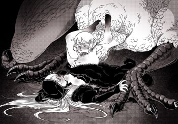 2girls ass_lift bite_mark bite_mark_on_thigh black_claws black_dress black_veil bleeding blood blood_on_leg blush body_fur bottomless breasts centauroid chimera churroach commentary cunnilingus dark_background detached_sleeves dirty dirty_feet dress dungeon_meshi ear_covers falin_touden falin_touden_(chimera) fangs feathered_wings feet_up greyscale hair_spread_out half-closed_eyes hand_on_another&#039;s_stomach hand_on_another&#039;s_thigh highres holding_another&#039;s_foot leaning_forward long_hair looking_up lying marcille_donato marcille_donato_(lord) monochrome multiple_girls navel nipples on_back one_breast_out open_mouth oral pubic_hair pussy short_hair small_breasts sweatdrop taur veil very_long_hair wings yuri