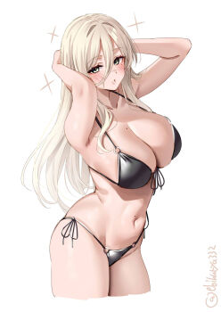 1girl arms_up artist_name bikini black_bikini blonde_hair blush breasts collarbone commentary_request cropped_legs double-parted_bangs ebifurya front-tie_bikini_top front-tie_top hair_between_eyes hair_intakes highres kantai_collection large_breasts long_hair looking_at_viewer mole mole_on_breast mole_on_stomach mole_under_eye navel o-ring o-ring_bikini one-hour_drawing_challenge parted_lips richelieu_(kancolle) side-tie_bikini_bottom sidelocks simple_background skindentation solo swimsuit thighs twitter_username very_long_hair white_background
