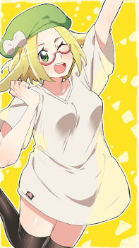Rule 34 | 1girl, arm up, bianca (pokemon), black thighhighs, blonde hair, bow, breasts, feet out of frame, green eyes, green hat, hat, hat bow, highres, melonenbrot, nintendo, one eye closed, pokemon, pokemon bw, shirt, short sleeves, small breasts, solo, t-shirt, thighhighs, third-party source, white shirt, yellow background