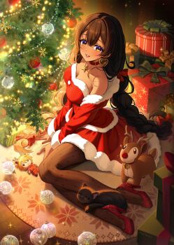 1girl alt_text black_pantyhose braid braided_ponytail breasts brown_hair character_request choker christmas christmas_present christmas_tree cleavage commentary dark-skinned_female dark_skin dress earrings english_commentary fur-trimmed_dress fur_trim gift high_heels highres jewelry long_hair looking_at_viewer medium_breasts open_mouth original pantyhose pattikou red_choker red_dress red_shoes santa_costume santa_dress shoes smile solo stuffed_animal stuffed_reindeer stuffed_toy very_long_hair yellow_eyes