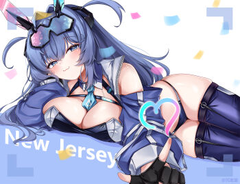 1girl absurdres animal_ears azur_lane blue_eyes blue_hair blue_panties blue_thighhighs breasts cleavage eyewear_on_head fingerless_gloves gloves highres large_breasts long_hair looking_at_viewer navel necktie new_jersey_(azur_lane) new_jersey_(black_blur_prelude)_(azur_lane) official_alternate_costume panties pointing pointing_at_viewer race_queen smile solo thighhighs underwear very_long_hair wizard2482
