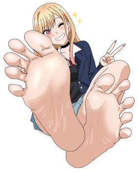 1girl absurdres bare_legs barefoot black_choker blonde_hair blue_jacket blue_skirt breasts choker collarbone commentary_request earrings feet foot_focus foreshortening full_body gradient_hair hand_up highres jacket jewelry kitagawa_marin long_hair looking_at_viewer medium_breasts miniskirt multicolored_hair necktie one_eye_closed open_clothes open_jacket pink_eyes pink_hair pink_nails plaid_clothes plaid_skirt red_necktie ring riokasen school_uniform sidelocks simple_background single_hair_intake sitting skirt smile soles solo sono_bisque_doll_wa_koi_wo_suru sparkle spread_legs spread_toes teeth toes v very_long_hair white_background