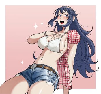 1girl alternate_breast_size belt bikini blue_eyes blue_hair blue_shorts blush bra breasts brown_belt checkered_clothes checkered_shirt cleavage cosplay deliciousbrain denim denim_shorts fire_emblem fire_emblem_awakening gingham gingham_shirt hair_between_eyes hand_on_own_chest highres kwon_eun-bi kwon_eun-bi_(cosplay) large_breasts lipstick long_hair looking_at_viewer lucina_(fire_emblem) makeup navel nintendo open_clothes open_mouth open_shirt red_shirt shirt shorts simple_background smile solo stomach swimsuit underwear white_bikini white_bra