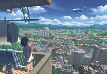 1girl aircraft balcony blue_hair blue_shorts blue_sky building cellphone city cityscape cloud commentary commentary_request day dirigible flip_phone highres holding holding_phone laundry_basket looking_ahead mountainous_horizon multiple_girls onita original outdoors phone river scenery shirt short_shorts short_sleeves shorts sky solo standing white_shirt