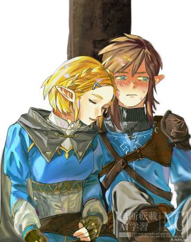 1boy 1girl armor black_gloves blue_eyes blue_shirt blue_tunic blush braid breasts champion&#039;s_tunic_(zelda) closed_eyes commentary_request couple crown_braid ear_blush fingerless_gloves furrowed_brow gloves grey_cloak grey_pants hair_between_eyes hair_ornament hairclip hetero highres juliet_sleeves leaning_on_person link long_sleeves medium_breasts nintendo oshio_0809 pants parted_bangs parted_lips pointy_ears princess_zelda puffy_sleeves shirt short_hair shoulder_armor sidelocks sitting smile sweatdrop the_legend_of_zelda the_legend_of_zelda:_tears_of_the_kingdom tree triforce tunic under_tree white_background