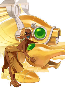1girl alternate_costume ass blonde_hair bracelet closed_eyes crossover dark-skinned_female dark_skin dress earrings fangs frye_(splatoon) full_body hair_down heavy_lobster high_heels jewelry kirby_(series) kirby_super_star long_hair nintendo open_mouth orisghost pointy_ears robot smile solo splatoon_(series) splatoon_3 standing tentacle_hair white_background