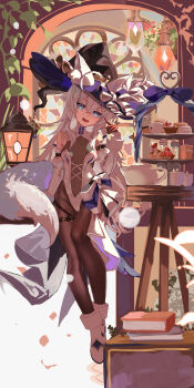 1girl absurdres ahoge animal_ear_fluff animal_ears bare_shoulders blue_eyes breasts brown_pantyhose commentary_request covered_navel detached_sleeves fox_ears fox_girl fox_tail gloves grey_hair hat highres indoors long_hair looking_at_viewer open_mouth original pantyhose semi-transparent_dress shangtianrudi_xiaobailang shoes sitting small_breasts smile solo tail very_long_hair white_shoes witch witch_hat