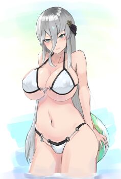 Rule 34 | absurdres, arms behind back, ball, beachball, bikini, blush, boaplant feeder, breasts, buckle, commentary request, green eyes, grey hair, hair between eyes, heart, heart-shaped buckle, highres, large breasts, long hair, looking at viewer, navel, official alternate costume, open mouth, partially submerged, senkou (senran kagura), senran kagura, senran kagura new link, sidelocks, smile, swimsuit, water, white bikini