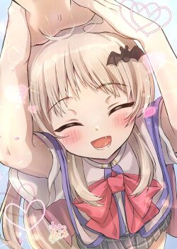 Rule 34 | 1boy, 1girl, :d, ^ ^, arms up, bat hair ornament, blush, bow, brown hair, capelet, closed eyes, commentary request, facing viewer, fang, grey skirt, hair ornament, headpat, little busters!, maruma (maruma gic), noumi kudryavka, open mouth, plaid clothes, plaid skirt, pleated skirt, red bow, short sleeves, signature, skirt, smile, solo focus, white capelet