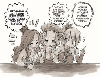 &gt;_&lt; 3girls alcohol beer beer_mug blush bracelet cana_alberona commentary cup detached_sleeves english_text fairy_tail flying_sweatdrops greyscale hair_bun halterneck holding holding_cup jewelry levy_mcgarden lucy_heartfilia monochrome mug multiple_girls notice_lines rusky side_ponytail sidelocks smile speech_bubble
