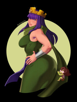1girl 1other absurdres archer_queen_(clash_of_clans) armpit_hair artist_name blue_eyes bracer breasts cape clash_of_clans crown dress green_cape green_dress highres large_breasts long_hair mini_person purple_armpit_hair purple_hair sleeveless sleeveless_dress solo_focus spanish_commentary tubbiegordito