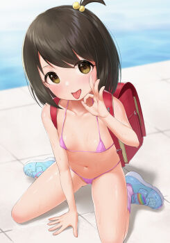 1girl absurdres backpack bag bikini black_hair blue_shoes blush breasts brown_eyes brown_hair collarbone commentary_request fellatio_gesture gluteal_fold groin hair_bobbles hair_ornament heart heart-shaped_pupils highres loli looking_at_viewer micro_bikini navel one_side_up open_mouth original pink_bikini pool poolside randoseru sexually_suggestive shoes short_hair sitting small_breasts smile sneakers solo string_bikini sweat swimsuit symbol-shaped_pupils tongue tongue_out tsunenorip wariza