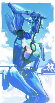 1other anchor_ornament arm_up armor blue_skin blue_sky cloud cloudy_sky colored_skin day diamond_wa_kudakenai higashikata_josuke higashikata_josuke_(jojolion) highres humanoid_robot jojo_no_kimyou_na_bouken jojo_pose jojolion no_humans robot shoulder_armor sign sky soft_&amp;_wet solo stand_(jojo) uu0000322