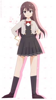 1girl absurdres artist_name black_skirt black_socks black_vest bow bowtie brown_eyes brown_hair brown_shoes buttons collared_shirt commentary english_text full_body grey_jacket hand_on_own_hip heart highres jacket ko-fi_username lapels light_blush loafers long_hair long_sleeves looking_at_viewer notched_lapels open_clothes open_jacket pleated_skirt red_bow red_bowtie rollanan school_uniform seiren_academy_school_uniform shadow shirt shoes skirt socks solo standing suou_yuki tokidoki_bosotto_roshia-go_de_dereru_tonari_no_alya-san vest white_background white_shirt wing_collar