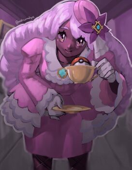 1girl absurdres andrewmalique ascot brooch cup dark-skinned_female dark_skin dress fascinator feet_out_of_frame fishnet_pantyhose fishnets frilled_ascot frills full_body gloves highres holding holding_cup holding_saucer indoors jacinthe_(pokemon) jewelry leaning_forward long_hair looking_at_viewer low_drills nintendo pantyhose pinky_out poke_ball poke_ball_(basic) pokemon pokemon_legends:_z-a purple_dress purple_eyes purple_hair saucer smile solo standing teacup very_dark_skin white_gloves