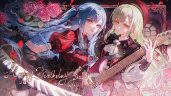 Rule 34 | 2girls, absurdres, ascot, bang dream!, bang dream! it's mygo!!!!!, beret, black ascot, black corset, black gloves, black ribbon, black wrist cuffs, blue gem, blue hair, brooch, character name, commentary, corset, earrings, electric guitar, flower, frilled wrist cuffs, frills, gem, gloves, green gem, green hair, guitar, hair ribbon, happy birthday, hat, highres, holding, holding guitar, holding instrument, instrument, jewelry, keyboard (instrument), lace, lace gloves, long hair, looking at viewer, maccha (mochancc), mortis (bang dream!), mortis (costume) (bang dream!), multiple girls, oblivionis (bang dream!), pink flower, puffy short sleeves, puffy sleeves, red hat, ribbon, short sleeves, togawa sakiko, treble clef, untranslatable commentary, upper body, wakaba mutsumi, white ascot, wrist cuffs, yellow eyes