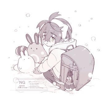Rule 34 | 1boy, :<, applin, backpack, bag, blush, boots, character snowman, closed mouth, commentary request, crossed bangs, gen 2 pokemon, gen 8 pokemon, greyscale, hair between eyes, hairband, hood, hood down, hooded jacket, jacket, kieran (pokemon), long sleeves, looking at viewer, looking back, mittens, mmmmmarilll, monochrome, nintendo, pants, parted lips, pokemon, pokemon (creature), pokemon sv, randoseru, sentret, simple background, snow, snowing, snowman, spot color, squatting, yellow eyes