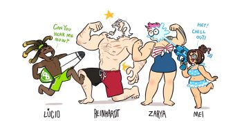 2boys 2girls animated animated_gif artist_request bad_id bad_tumblr_id bikini black_male_swimwear black_swim_trunks dark-skinned_male dark_skin drawstring dreadlocks flexing green_male_swimwear green_swim_trunks hair_ornament hair_stick lucio_(overwatch) male_swimwear mei_(overwatch) multicolored_male_swimwear multicolored_swim_trunks multicolored_swimsuit multiple_boys multiple_girls muscular overwatch overwatch_1 pink_hair red_male_swimwear red_swim_trunks reinhardt_(overwatch) scar scarf surfboard swim_trunks swimsuit tan tanline unoobang water water_gun zarya_(overwatch)