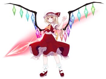 Rule 34 | 1girl, absurdres, ascot, back bow, blonde hair, bow, center frills, closed mouth, collared shirt, commentary request, cropped vest, crote, crystal wings, fingernails, flandre scarlet, frilled shirt collar, frilled skirt, frilled sleeves, frills, full body, hand on own hip, hand up, hat, hat ribbon, highres, holding, large variant set, layered skirt, legs apart, loafers, long hair, long skirt, looking at viewer, mob cap, puffy short sleeves, puffy sleeves, red eyes, red ribbon, red shoes, red skirt, red vest, ribbon, shirt, shoes, short sleeves, side ponytail, skirt, sleeve ribbon, slit pupils, smile, socks, solo, standing, tachi-e, teeth, touhou, transparent background, variant set, vest, white bow, white hat, white shirt, white socks, wing collar, wings, yellow ascot