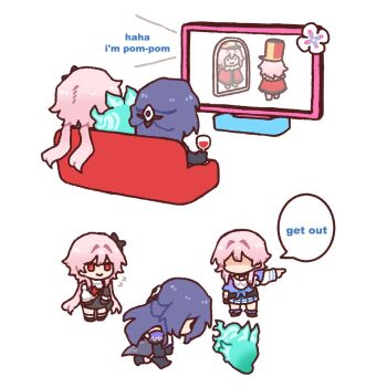 3girls acheron_(honkai:_star_rail) angry black_dress cup dorkdragoon dress english_text evernight_(honkai:_star_rail) flat_screen_tv flying_sweatdrops holding holding_cup honkai:_star_rail honkai_(series) long_hair march_7th_(honkai:_star_rail) march_7th_(preservation)_(honkai:_star_rail) multiple_girls partially_shaded_face pink_hair pointing pointing_to_the_side purple_hair red_eyes simple_background tail_(honkai:_star_rail) television white_background