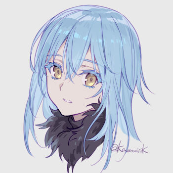 1other androgynous blue_hair colored_eyelashes crossed_bangs grey_background hair_between_eyes highres long_hair parted_lips portrait pota_(bluegutty) rimuru_tempest straight_hair tensei_shitara_slime_datta_ken yellow_eyes