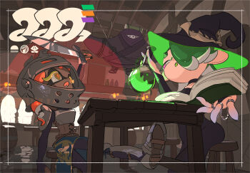 1boy 2girls arm_up armor barrel big_man_(splatoon) book chain chair choker dark-skinned_female dark_skin fangs frye_(splatoon) green_hair hair_flowing_over halloween_costume hat helmet holding holding_sword holding_weapon indoors inkling jewelry knight manta_ray multiple_girls ninja nintendo octoling official_alternate_costume official_art open_mouth orange_hair pauldrons pink_eyes potion ring shiver_(splatoon) shoulder_armor sitting splatoon_(series) splatoon_3 stool sword table tentacle_hair weapon window witch_hat