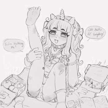 1girl animal_ears bag bandaid bandaid_on_knee bandaid_on_leg bow bug collarbone english_text fake_animal_ears feet feet_up greyscale hair_bow horse_ears insect ladybug long_hair monochrome neck_bell nokota_(roseary) open_mouth original panties roseary shirt sitting solo speech_bubble teeth twintails underwear unicorn_horn upper_teeth_only