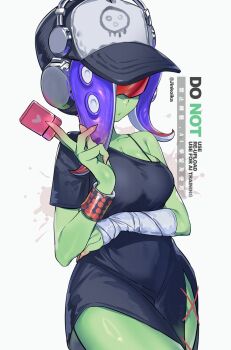 1other bandaged_arm bandages baseball_cap black_dress blue_hair breasts closed_mouth colored_skin cowboy_shot dedf1sh dress gradient_hair green_skin hair_over_one_eye hat headphones headphones_over_headwear highres jinkoika medium_breasts mixed-language_commentary multicolored_hair nintendo octoling red-tinted_eyewear red_hair sanitized_(splatoon) simple_background single_bare_shoulder solo splatoon_(series) splatoon_2 splatoon_2:_octo_expansion suction_cups sunglasses tentacle_hair tinted_eyewear twitter_username two-tone_hair watermark white_background