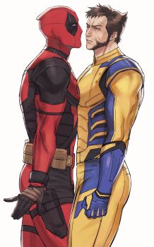 2boys absurdres anger_vein ass beard belt blue_gloves bodysuit brown_hair clenched_hand commentary_request deadpool deadpool_&amp;_wolverine deadpool_(series) facial_hair gloves gyeleul highres korean_commentary looking_at_another male_focus marvel mask multicolored_bodysuit multicolored_clothes multiple_boys muscular muscular_male parted_lips pectoral_docking pectoral_press pectorals red_bodysuit red_mask short_hair simple_background superhero_costume two-tone_bodysuit utility_belt white_background wolverine_(x-men) x-men yaoi yellow_bodysuit