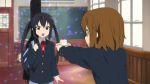Rule 34 | 2girls, animated, black hair, brown eyes, brown hair, cake, chalkboard, door, drum, food, guitar, happy, hirasawa yui, indoors, instrument, k-on!, long hair, lowres, multiple girls, nakano azusa, sad, school, school uniform, short hair, standing, twintails, video, video, window, wooden floor