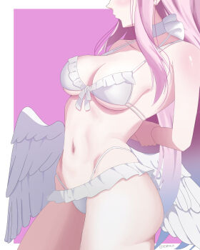 1girl absurdres angel_wings arms_behind_back bare_shoulders bikini blue_archive blush breasts choker commentary eyes_out_of_frame feathered_wings frilled_bikini frills from_side hair_down head_out_of_frame highres kerovus large_breasts long_hair low_wings mika_(blue_archive) mika_(swimsuit)_(blue_archive) navel pink_background pink_hair solo stomach swimsuit thighs twitter_username two-tone_background white_background white_bikini white_choker white_wings wings