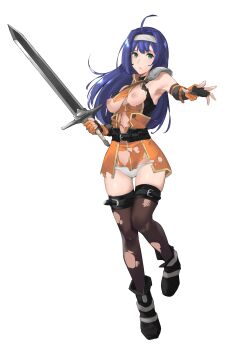+nintendo 1girl absurdres ahoge belt blue_hair boots closed_mouth dress female_focus fingerless_gloves fire_emblem fire_emblem:_path_of_radiance fire_emblem:_radiant_dawn full_body gloves green_eyes hairband highres holding holding_sword holding_weapon j@ck long_hair mia_(fire_emblem) nintendo short_dress simple_background solo sword weapon white_background white_hairband