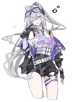 Rule 34 | 1girl, absurdres, bare shoulders, belt, black gloves, black jacket, black shorts, clothing cutout, collared shirt, commentary request, gloves, goggles, goggles on head, grey eyes, grey hair, high ponytail, highres, honkai: star rail, honkai (series), jacket, long hair, mechanical hands, off shoulder, one eye closed, open mouth, ponytail, ren (renjiyu), shirt, shorts, shoulder cutout, silver wolf (elation) (honkai: star rail), silver wolf (honkai: star rail), simple background, single mechanical hand, solo, white background, white belt, white shirt