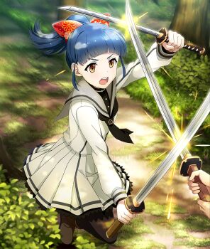 1girl 1other :o ayanokouji_martial_arts_school_uniform battle black_neckerchief black_pantyhose blocking blue_hair blunt_bangs boots bow brown_boots bush dappled_sunlight day dot_nose dual_wielding duel floral_print forest game_cg grass grey_sailor_collar hair_bow holding holding_sword holding_weapon katana long_sleeves nakano_jun nature neckerchief official_art open_mouth orange_eyes outdoors pantyhose path ponytail print_bow red_bow road sailor_collar school_uniform serafuku short_hair short_ponytail sidelocks solo_focus sparks sunlight swinging_weapon sword sword_fight teeth third-party_source toji_no_miko toji_no_miko:_kizamishi_issen_no_tomoshibi tree two-handed upper_teeth_only weapon white_serafuku