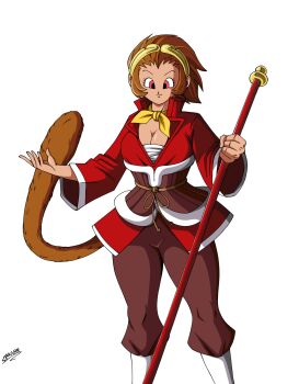 1girl artist_name ascot bo_staff breasts brown_hair brown_pants circlet cleavage commentary dragon_ball english_commentary highres holding holding_staff large_breasts looking_at_viewer marvel_vs._capcom marvel_vs._capcom_2 medium_hair monkey_girl monkey_tail pants parody red_eyes red_shirt sarashi shirt sidelocks signature simple_background solo sonson staff strangermen style_parody tail toriyama_akira_(style) transparent_background yellow_ascot
