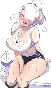 0lightsource 1futa absurdres andrea_vaeyl bad_id bad_pixiv_id between_legs black_buruma blush borrowed_character bra breasts bulge buruma cleavage cropped_legs futanari gym_uniform hair_ornament hair_over_one_eye hair_scrunchie hairclip hand_between_legs heavy_breathing highres kneehighs large_breasts long_hair open_mouth original ponytail scrunchie see-through_clothes shirt sitting smiley_face socks solo sweat thick_thighs thighs underwear wet wet_clothes wet_shirt white_bra white_hair yellow_eyes