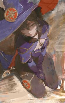 1girl black_hair black_pantyhose blue_leotard bodystocking breasts brush_stroke choker daodtt fur_collar genshin_impact gloves gold_trim green_eyes hat hat_ornament highres jewelry leotard long_hair looking_at_viewer medium_breasts mona_(genshin_impact) pantyhose purple_gloves purple_hat sitting solo sparkle_print star_(symbol) star_choker thighlet traditional_media twintails witch_hat