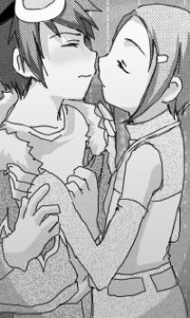 Rule 34 | 00s, 1boy, 1girl, couple, digimon, digimon adventure 02, gloves, goggles, greyscale, hetero, imminent kiss, kurot, lowres, monochrome, motomiya daisuke, short hair, yagami hikari