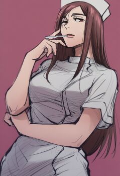 1girl breasts brown_eyes brown_hair cigarette cowboy_shot dress elbow_rest eyelashes from_below hat highres ieiri_shoko jei_games jujutsu_kaisen long_hair looking_at_viewer mole mole_under_eye nurse nurse_cap pink_background pink_lips smoking standing white_dress