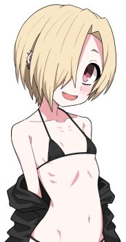 1girl arms_behind_back barbell_piercing bare_shoulders bikini black_bikini black_jacket blonde_hair blush breasts clothes_down ear_piercing fangs hair_over_one_eye halulu highres idolmaster idolmaster_cinderella_girls industrial_piercing jacket loli looking_at_viewer navel one_eye_covered open_clothes open_jacket open_mouth piercing red_eyes shirasaka_koume short_hair simple_background small_breasts smile solo swimsuit tareme upper_body white_background