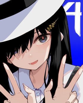 1girl :d absurdres black_hair blue_background collared_shirt copyright_request double_w dress_shirt eyebrows_hidden_by_hair grey_eyes hair_over_one_eye hands_up hat highres long_hair looking_at_viewer open_mouth osisio shirt smile solo upper_body w white_hat white_shirt