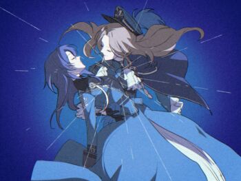 2girls 3shine_02 ascot augustus_(path_to_nowhere) black_gloves blonde_hair blue_cape blue_dress blue_hair blue_hat blue_jacket cape chief_(path_to_nowhere) closed_eyes diffraction_spikes dress female_chief_(path_to_nowhere) floating_hat gloves hand_on_another&#039;s_back hat hat_ornament highres jacket kepi lifting_person military_hat military_jacket multiple_girls path_to_nowhere sekai_wo_kakumei_suru_chikara_wo shoujo_kakumei_utena side_cape white_ascot