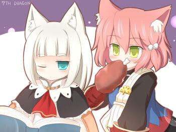 Rule 34 | 2girls, 7th dragon, 7th dragon (series), animal ears, boned meat, book, cat ears, fighter (7th dragon), food, harukara (7th dragon), ikurakun (7th dragon), mage (7th dragon), meat, multiple girls, one eye closed, ry (yagoyago), sega, wink
